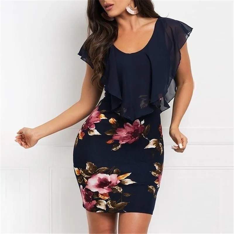 2019 Summer Women Flower Printed Party Dress Ruffle Sleeve Mini Dresses Simple Chiffon Splice Slim-Fit Dress Plus Size S-5XL