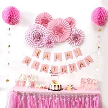 

Happy Birthday Banner Tissue Paper Tassels White Pompoms Flower Balls Baby Shower Party Background Decor Party Supplies