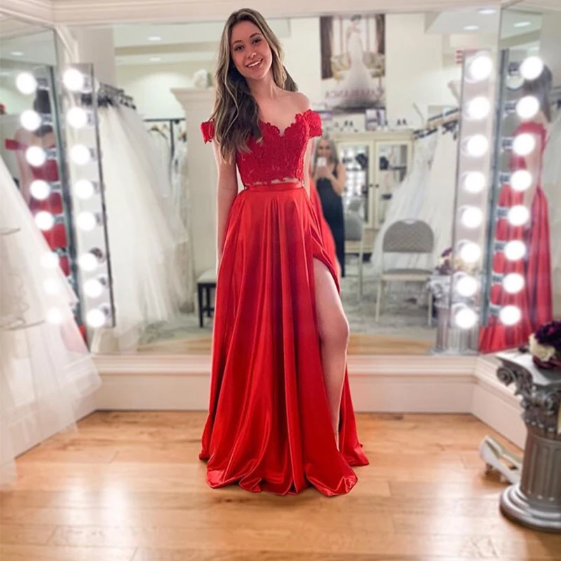 Off Shoulder Two Pieces Prom Dresses Appliques Red Chiffon Women Formal Party Gowns Abendkleider Sexy Front Split | Свадьбы и