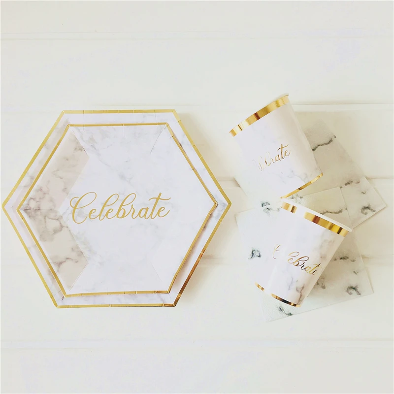 Buy Gold Marble Gradient Hexagon Paper Plates Cups