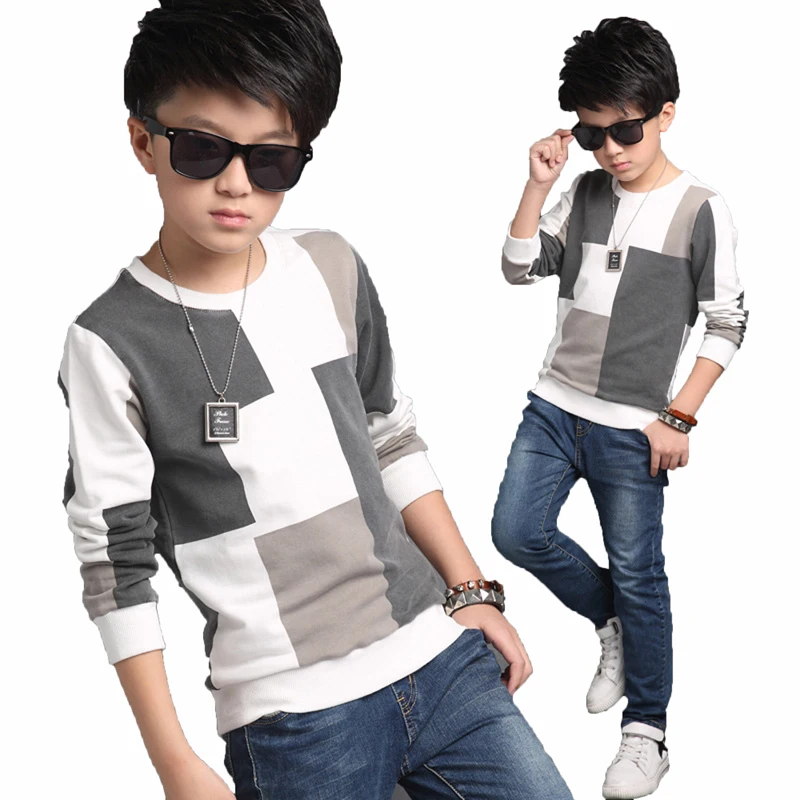 

Big Boys Long Sleeve T-Shirts 2018 Spring Children Shirts Kids Outerwear Boys Plaid Blouse Brand Kids Teenager Clothe Age 4-14 T