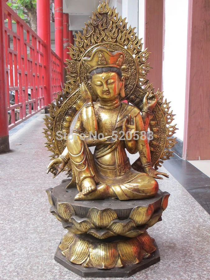 

29"Tibet Bronze gilded Lotus altar 6 arm Rest Chenrezig Kwan-yin Statue Guanyin