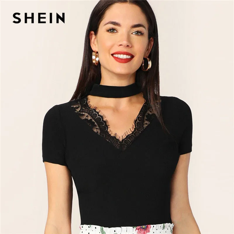 SHEIN колье с кружевной отделкой на шее, облегающая однотонная женская футболка, летняя черная с v-образным вырезом и коротким рукавом, эластичные элегантные женские топы