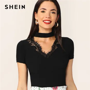 

SHEIN Choker Neck Lace Trim Form Fitted Solid Women Tshirt Summer Black V Neck Short Sleeve Stretchy Elegant Ladies Tops