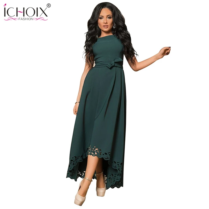 ICHOIX, женское летнее длинное платье, Ретро стиль, с вырезами, короткий рукав, макси, платье с круглым вырезом, элегантные вечерние платья для женщин