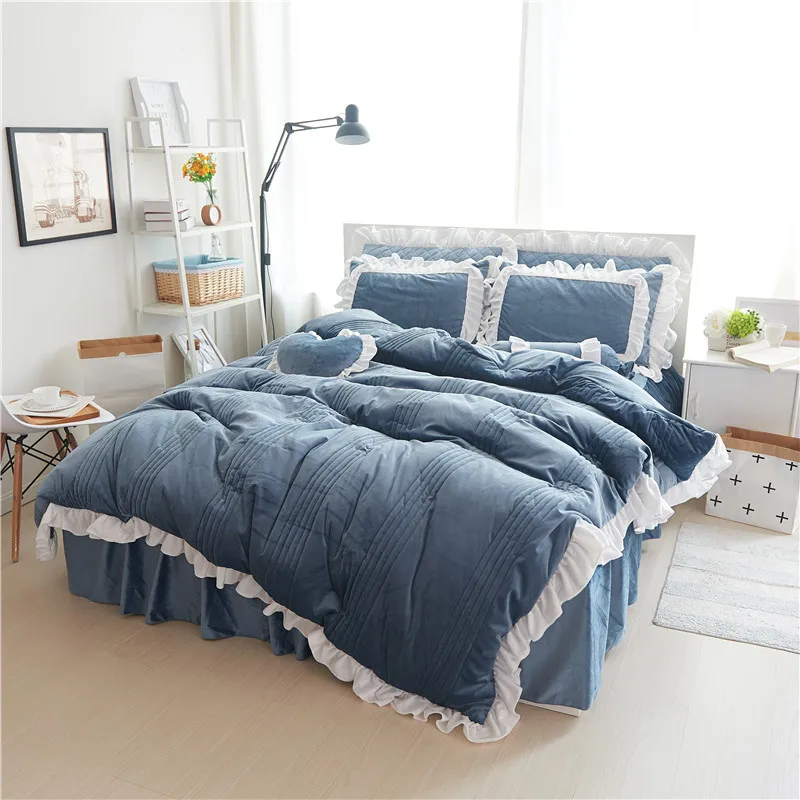 

4/6pcs Thick fleece Quilted pad cotton Princess bedding set flannel Winter warm duvet cover set Bed skirt Queen King size