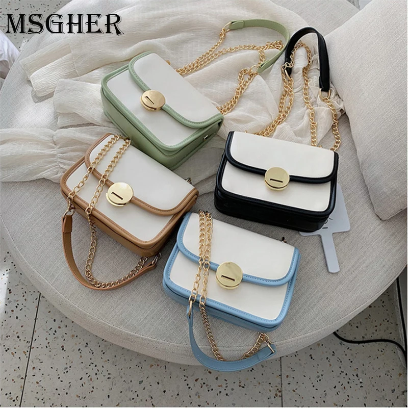 

MSGHER PU Leather Women's Designer Handbag Flap Lock Chain Shoulder Messenger bags Hit Color Small Chain Square bag WB1887