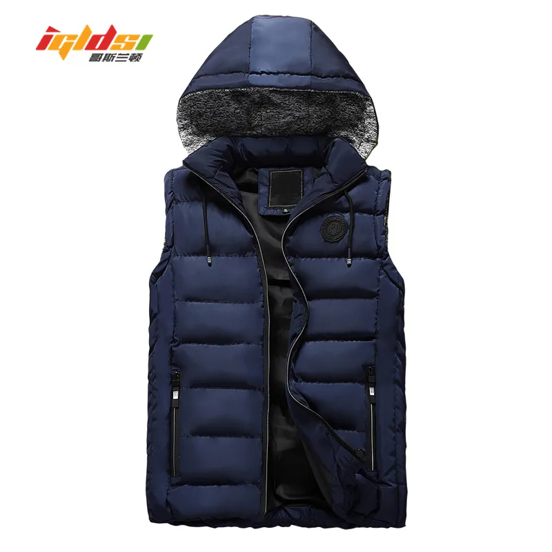 

Warm Sleeveless Jacket 2018 Men Thickening Cotton Down Vest Hat Hooded Vest Winter Waistcoat for Male Casual Tank Windbreaker