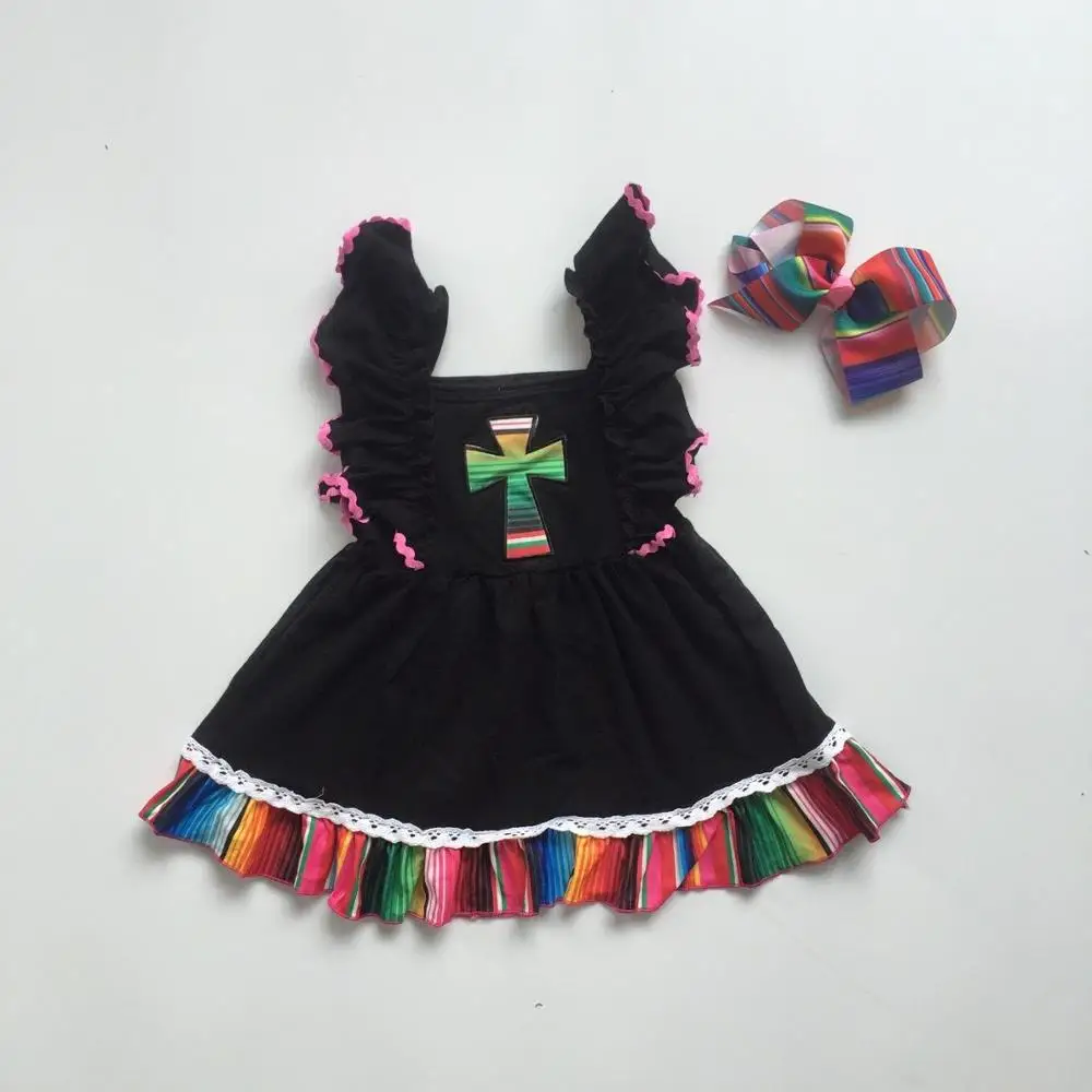 

hot new arrival baby girls spring summer cross-shaped black dress with colorful hemline and bow
