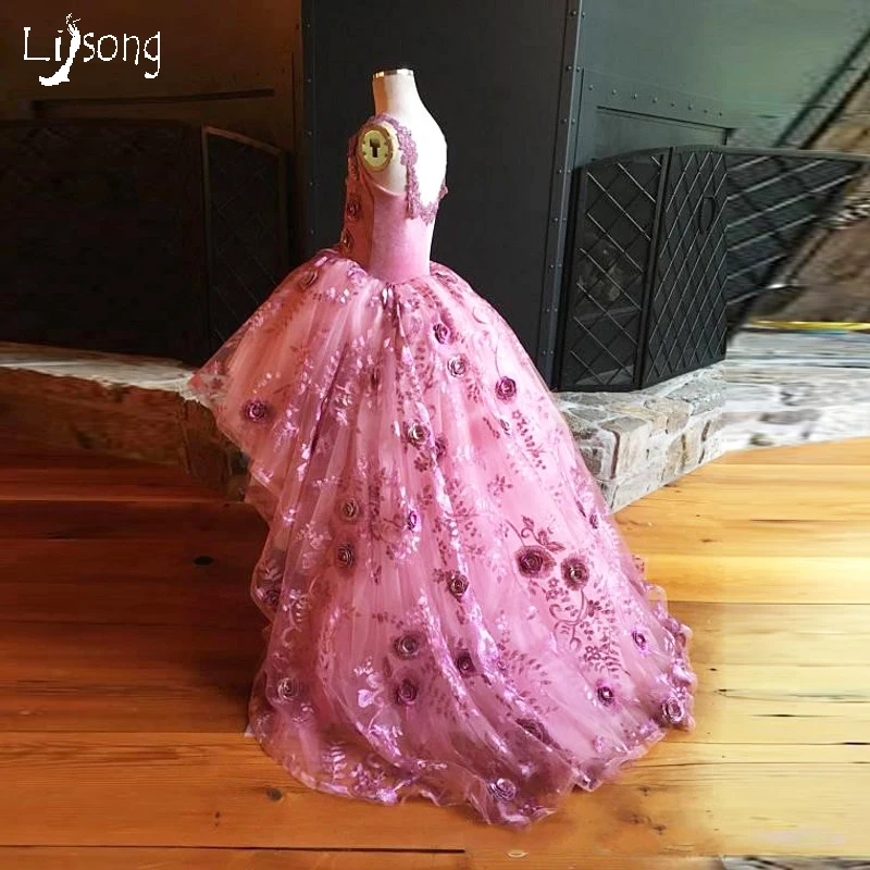 Розовое, Особенный дизайн, Цветочная пышная ярусная длина, длина до пола, сделанное на заказ, платье с цветочным узором для девочек на свадьбу, знаменитостей, день рождения, длинное платье