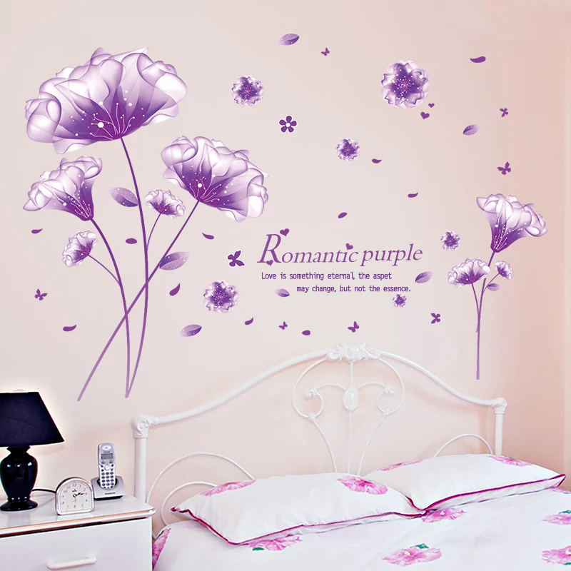 

[SHIJUEHEZI] Purple Color Romantic Flower Wall Sticker DIY Plant Wall Decals for House Living Room Bedroom Decoration Home Decor