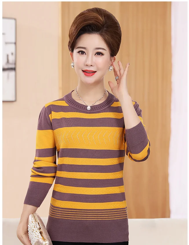 Женский шерстяной свитер среднего возраста, Одноцветный полосатый Повседневный Свободный пуловер с круглым вырезом, свитера для женщин T361