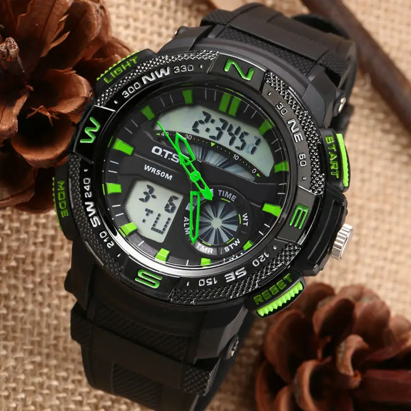 

OTS Black Cool Face LED Digital Men's Watch Swimming Rock Climbing Outdoor Military Time Sports Waterproof Hiking Camping