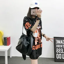 Европейская станция Летняя женская новая мультяшная милая собака узоры Блестки Свободные Mid-Changchao брендовая Футболка женская