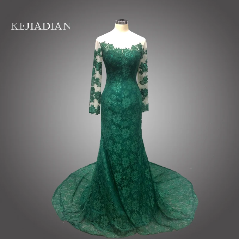 2018 Elegant Mermaid Long Sleeve Lace Emerald Green Lace Mother of the ...