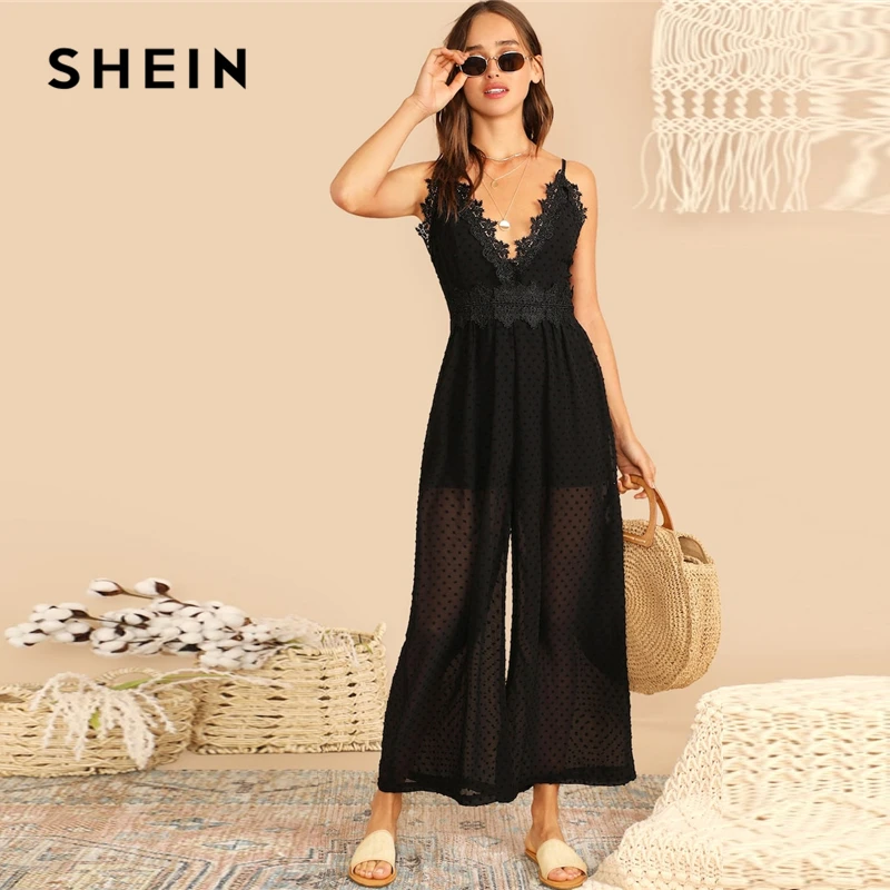 

SHEIN Boho Black Lace Trim Dot Jacquard Wide Leg Sleeveless Cami Jumpsuit Women Solid High Street Deep V Neck Jumpsuits