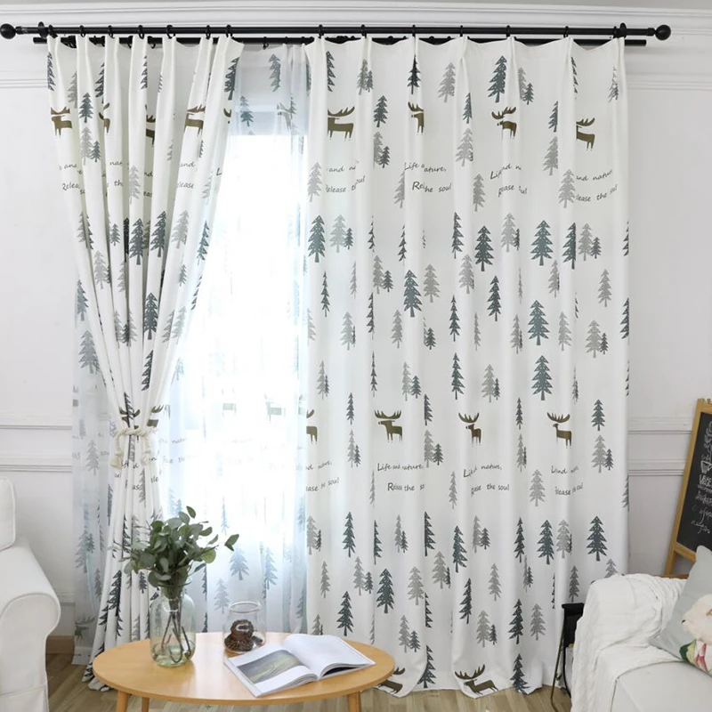 Cortinas opacas de bosque de pino verde Simple moderno para sala de estar de dibujos animados lindo ciervo para los tratamientos de ventana de dormitorio de los niños AH8