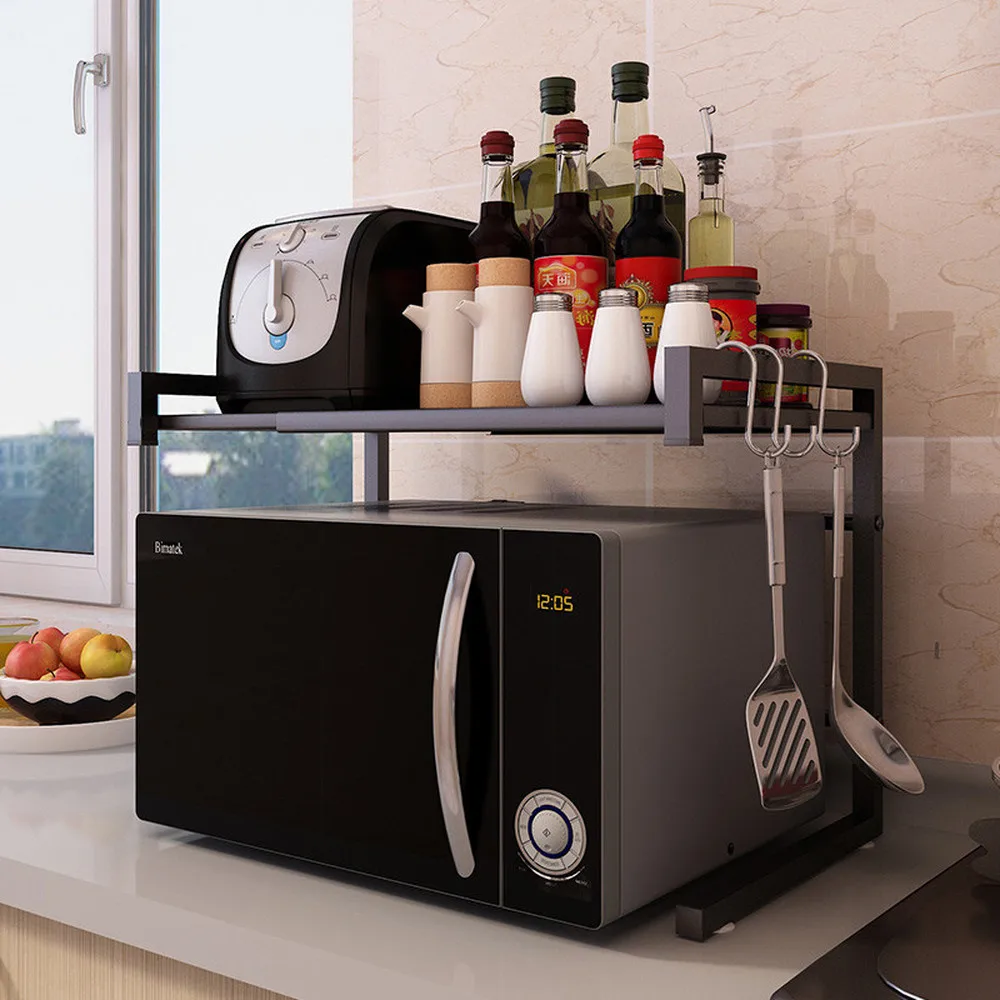  A1 Retractable microwave oven shelf 2 layer home kitchen multi-function black storage rack floor-st - 32916501333