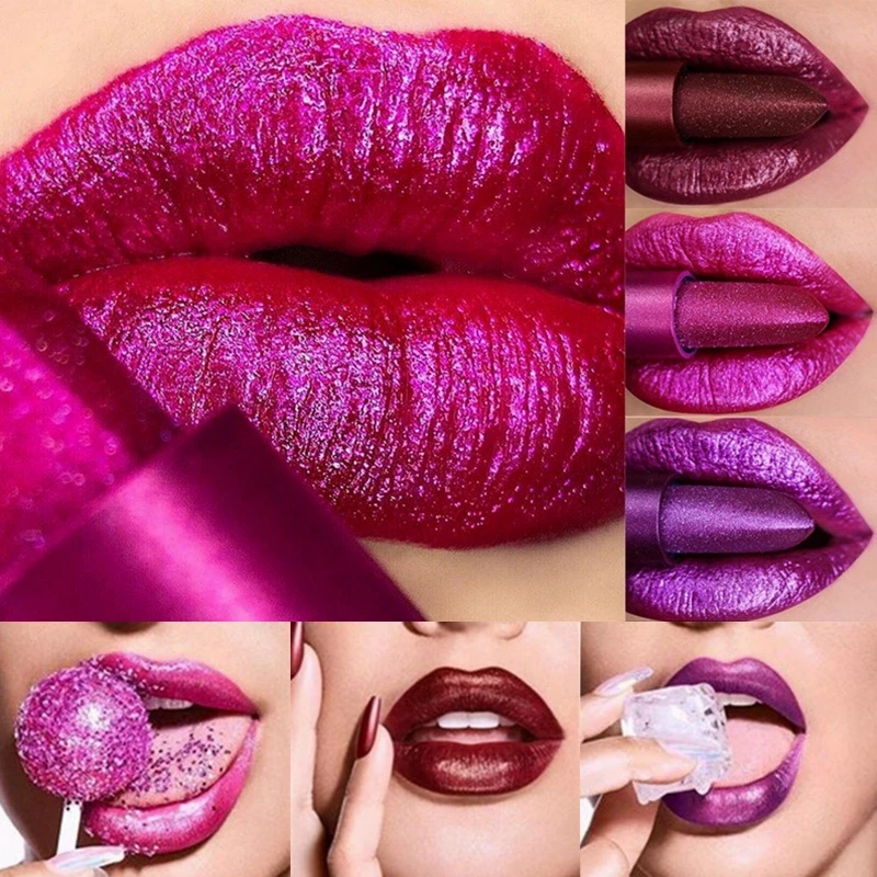 Metallic Color Lipstick Long Lasting Makeup Waterproof Lip Stick Mate Metal Shimmer Sexy Red Lips Women Cosmetics |