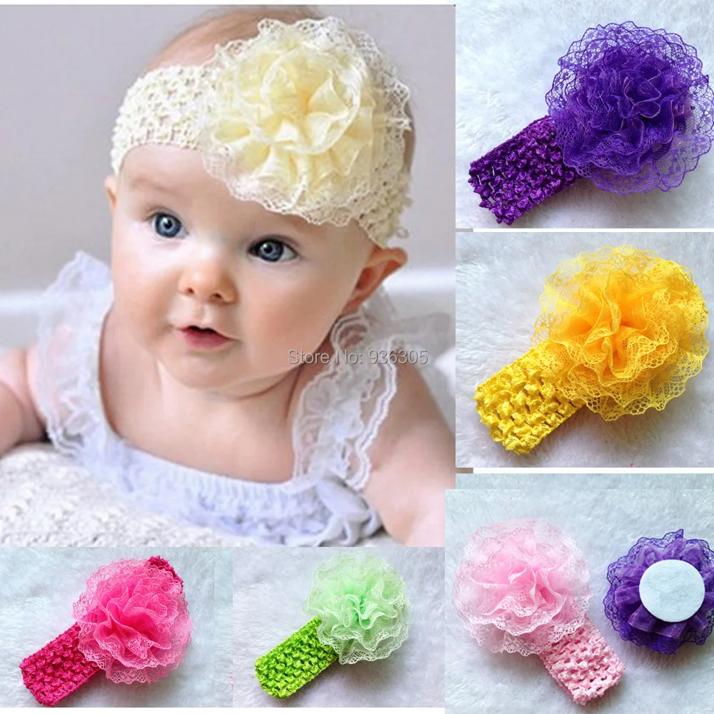 6pc silk lace flower fit knitting band baby head flower hair band for