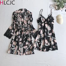 Женская Сексуальная атласная пижама женская модная кружевная пижама с принтом халат на бретельках комплект с длинными рукавами шелковая пижама Femme Новинка