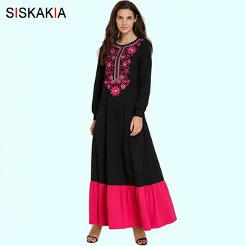 

Siskakia Floral Embroidery Maxi Long Dress Plus Size Fashion Contrast Color Patchwork Arabian Clothes Draped Swing Autumn 2019