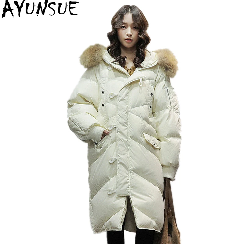 White Down Jacket Jurchen Fur Collar Thicken Long Over The Knee Korean Winter Wear Women's Waist