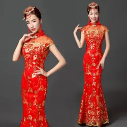 Красный Свадебная вечеринка Cheongsam Восточный вечернее платье Китайская традиционная Женская Элегантный Qipao пикантные длинный халат Ретро