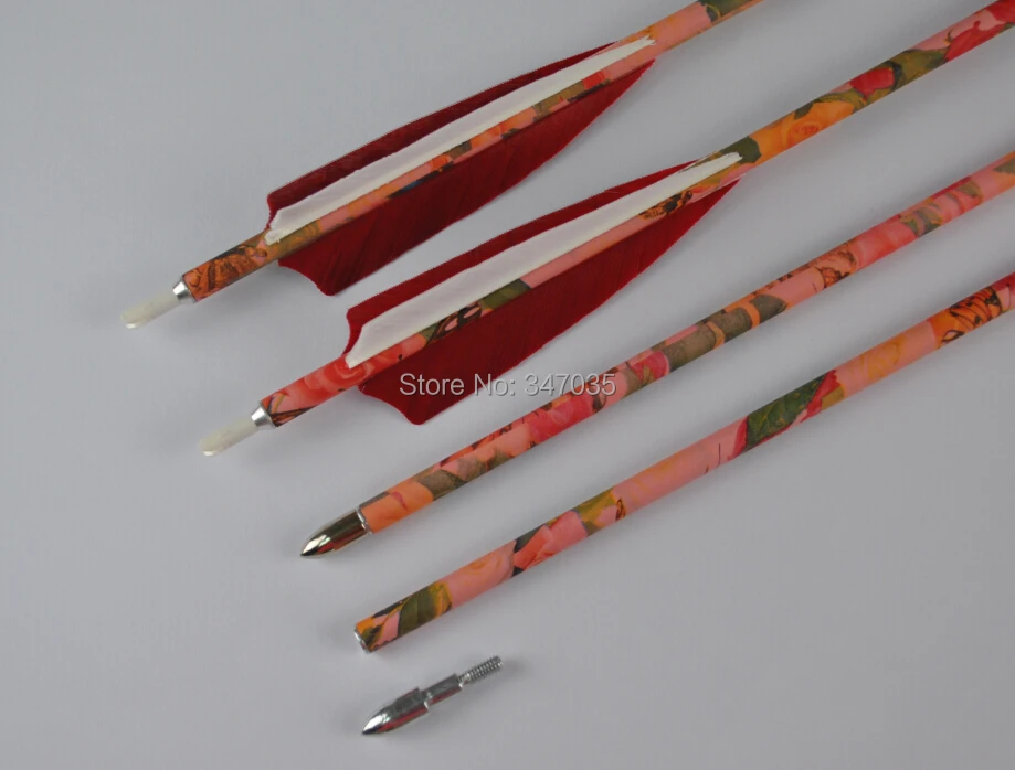 Free shipping 6 pieces pink camo 31 spine 400 carbon arrow turkey feather bullet point with