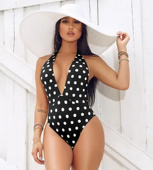 

New Arrival Sexy Dot Solid Color Deep V Halter Backless Bikini Women Rompers Bodysuits