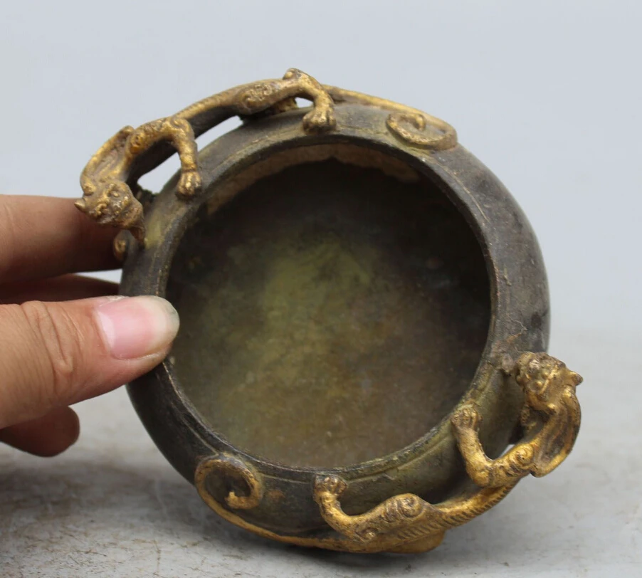 

song voge gem S0013 4" Marked Chinese Feng Shui Bronze Gilt Animal Dragon Beast PiXiu ashtray Statue