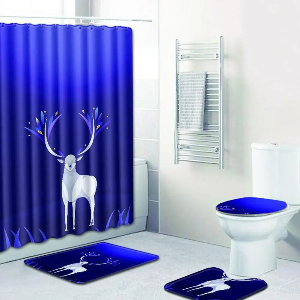 4pcs / set Elk series Printed Pattern Shower Curtain Pedestal Carpet Lid Toilet Cover Mat Bath Mat Set Bathroom Curtains with 12 hooks