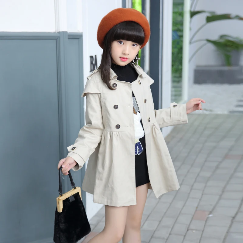 Ins hot girl cotton windbreaker 5-13 years old spring and autumn long coat double-breasted bow belt fashion wild brand - Цвет: beige