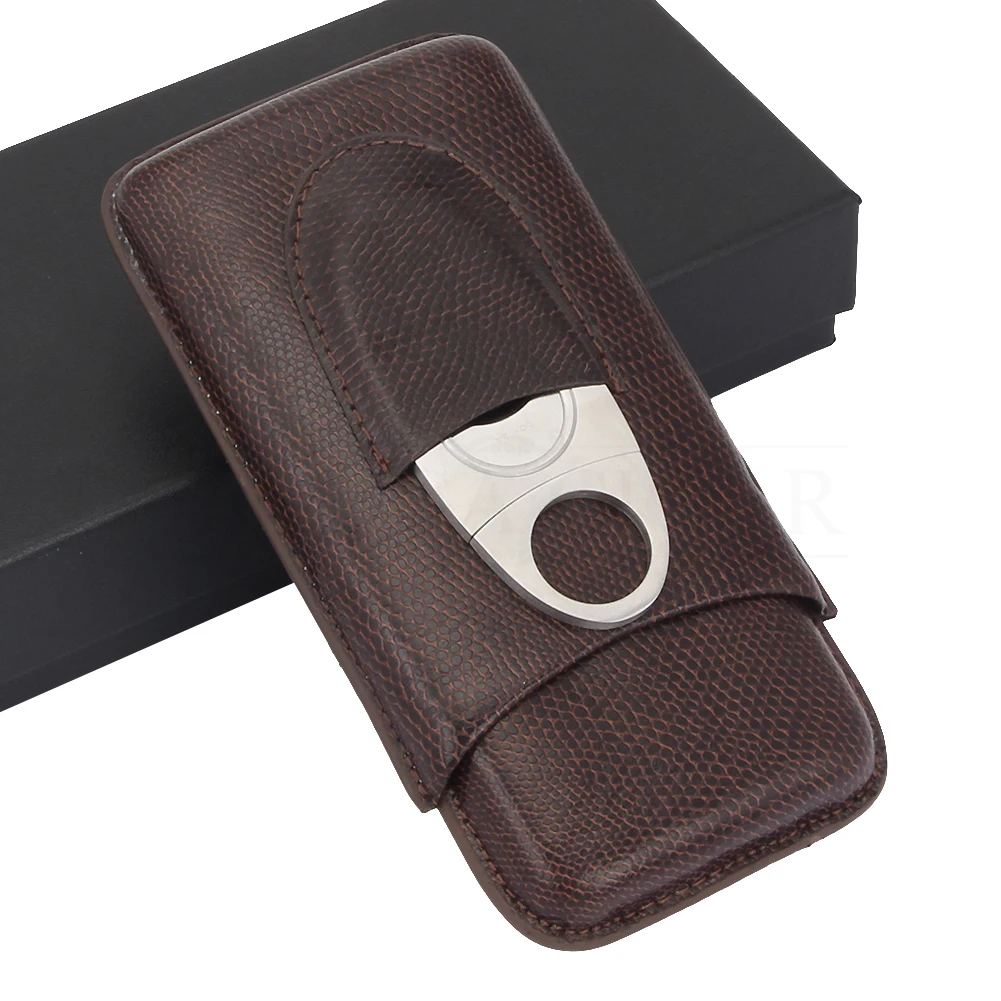 

COHIBA Portable 3 Tube Cigar Leather Case Travel Humidor Mini Outdoor Cigar Box Holder Brown With Cutter Guillotina
