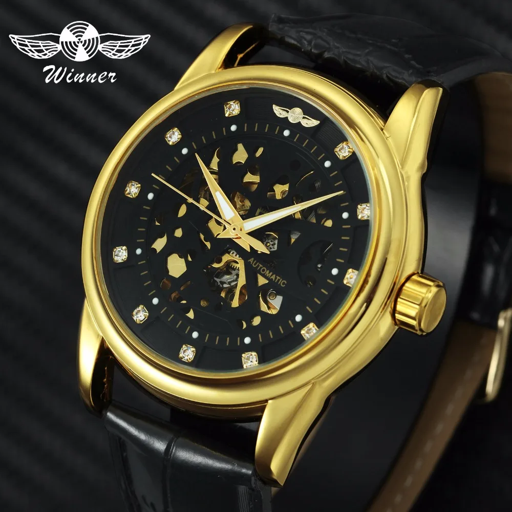 

WINNER Top Brand Luxury Male Automatic Skeleton Mechanical Leather Strap Royal Diamond Design T-WINNER Gold Wrist Watch Men