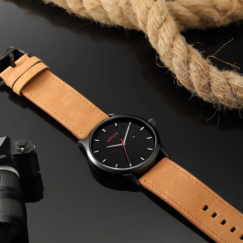 AFFUTE Fashion Mens Watches Top Brand Luxury Analog Quartz Watch Men Casual Waterproof Leather Sport Watch Relogio Masculino