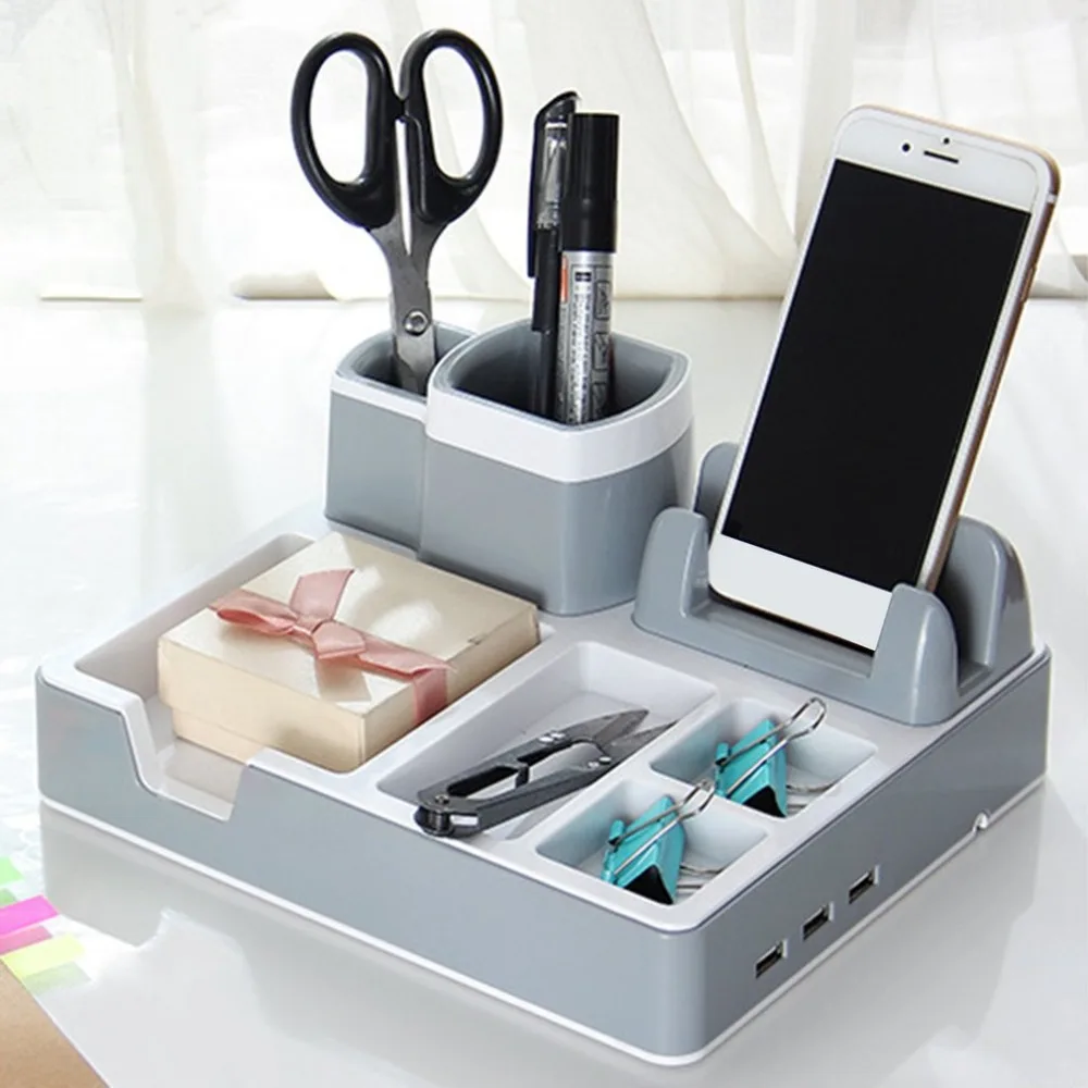 

Multifunctional Plastic Desktop Storage Box Desk Table Oragnizer Case With 3 USB Charging Ports Office Stationery
