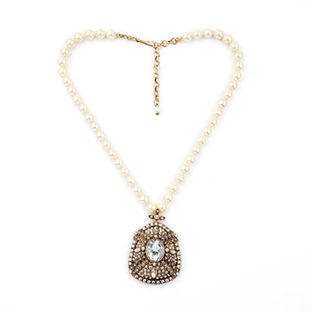 

Beads Chain Simulated Pearl Party Necklace Women Elegant Temperament Big Zircon Pendant Necklace