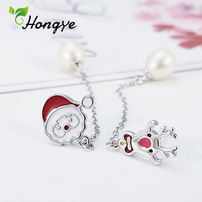 

Hongye Silver 925 Jewelry Girls Long Drop Earrings Santa Claus and Elk Unmatched Dangler Brincos Purple Pearl Ear Jewelry Gifts