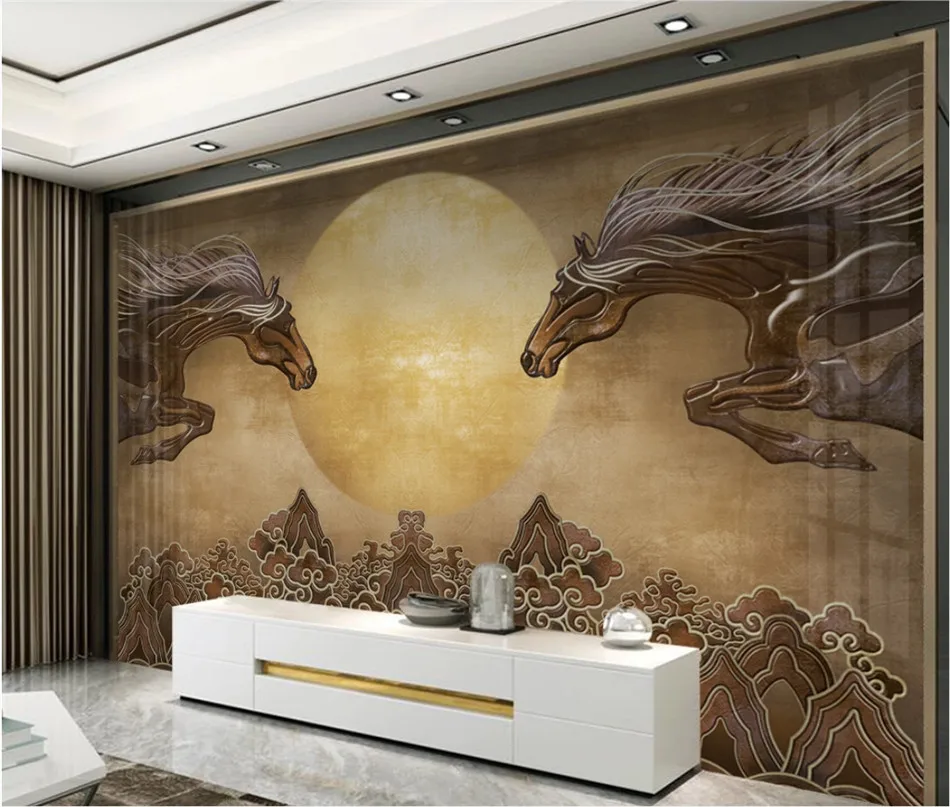 HD монгольский Стиль Коричневый Винтаж тиснением галопирующие лошади солнце фото обои s для отеля гостиной спальни 3D обои