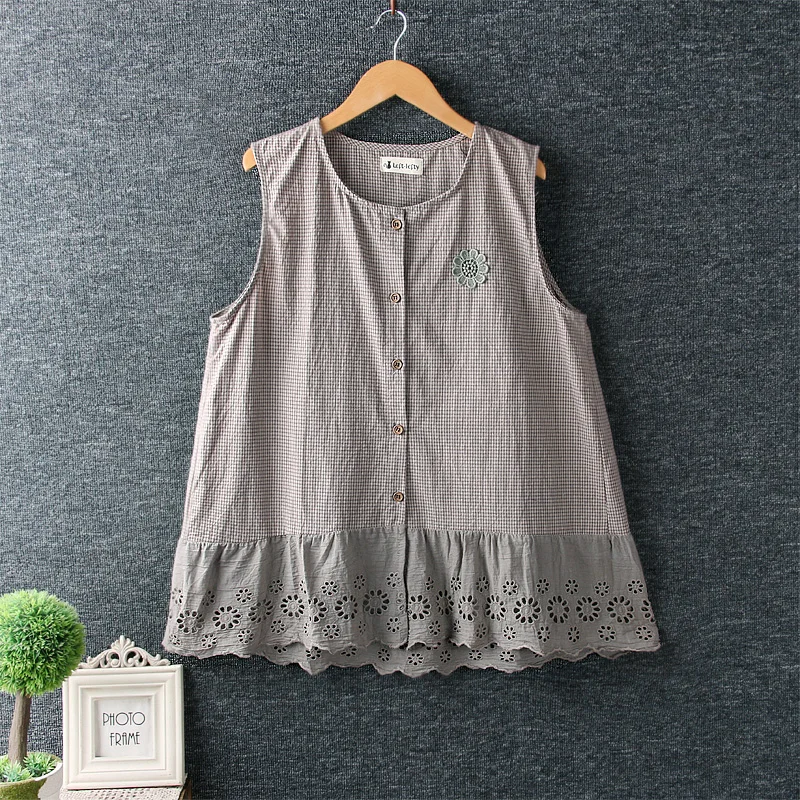 

Women Summer Japan Style Sunflower Embroidery Loose Vest Mori Girl Retro Plaid Outerwear Vests Coat Chalecos Para Abrigo Mujer
