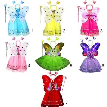 

4Pcs Fairy Costume Set Princess Girls Sleeveless Long Tutu Dress LED Double Layer Butterfly Wings Wand Headband Party Ages 3-10