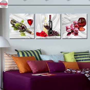 

3D Diamond Embroidery 3 pcs Rose Flower Red Wine Painting 5d diy diamond painting cross stitch mosaic rhinestones kitchen Decor