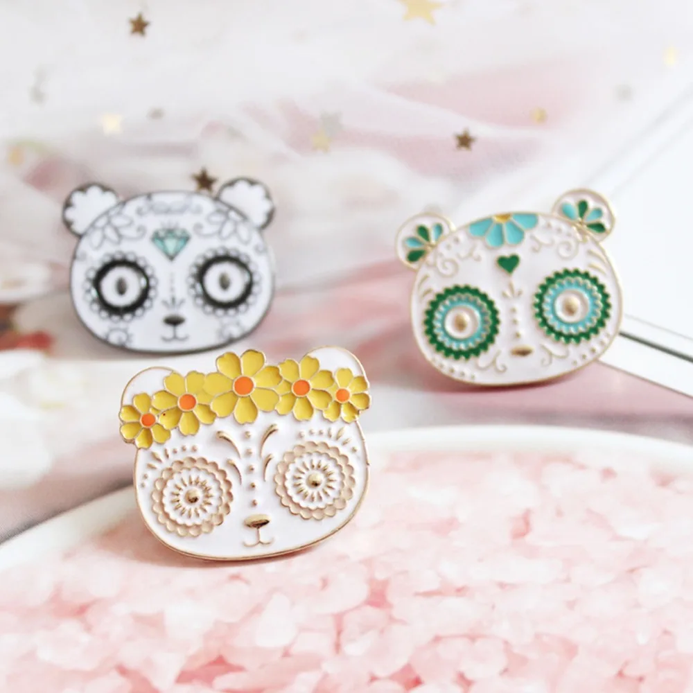 Cartoon Animal Bear Brooches Flower Panda Enamel Pin For Girls Lapel