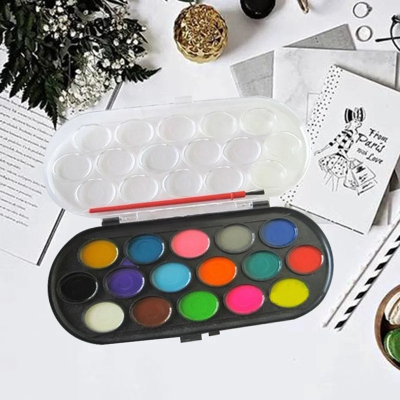 

16 Colors Professional Solid Watercolor Paints Paint Box with Paintbrush Bright Color Portable Sketch Color Art Tool