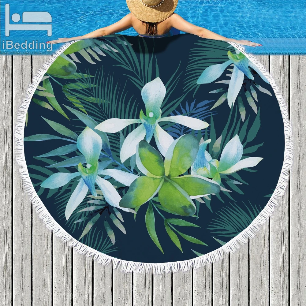 White flower green leaf Printed Microfiber Round Beach Towel Bath