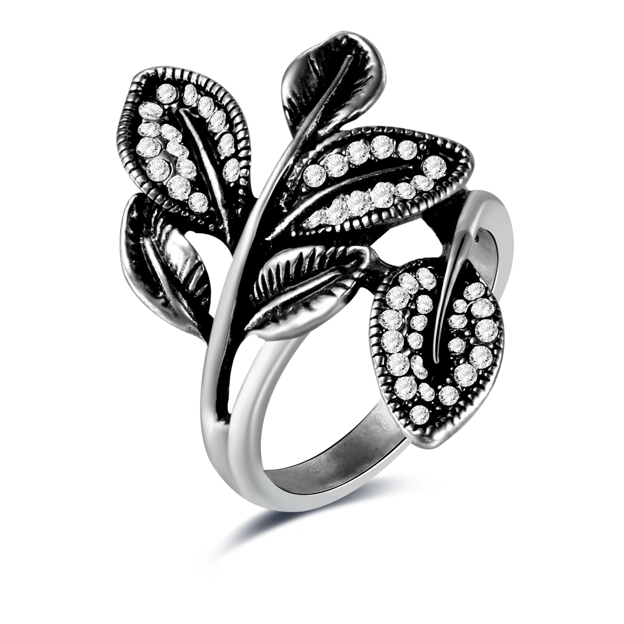 Retro Silver Leaf Rings Antique Black CZ Leaf Wide Ring for Women ...