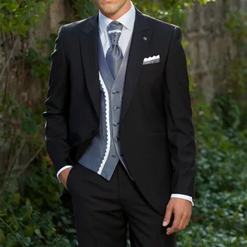 

Groom Tuxedo Black Groomsmen Peak Lapel Wedding Dinner men Suits Best Man Bridegroom suit with grey vest (Jacket+Pants+Tie+Vest)