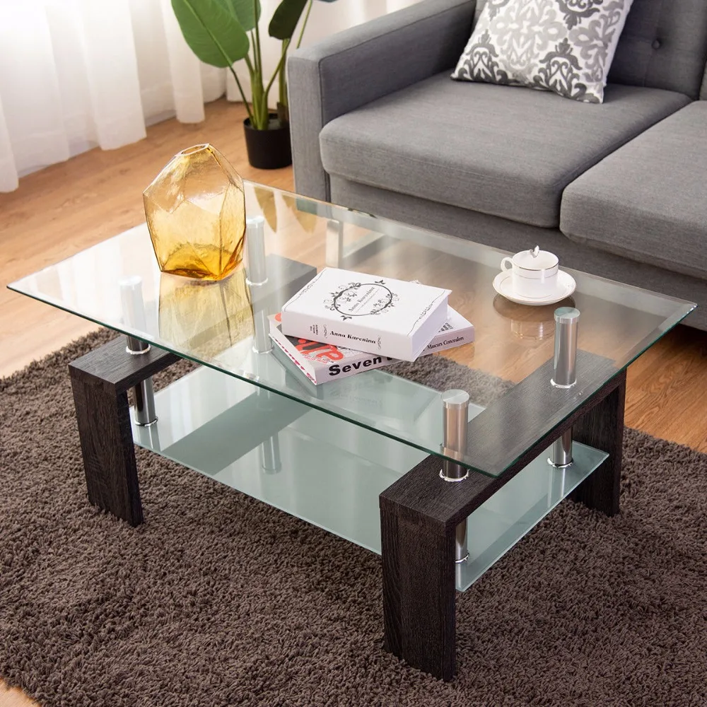 Giantex Rectangular Tempered Glass Coffee Table End Side Table with Shelf Home Furniture Living Room Furniture HW57279BK Giantex Rectangular Tempered Glass Coffee Table End Side Table with Shelf Home Furniture Living Room Furniture HW57279BK