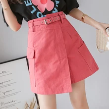 Новинка, модные нестандартные мини юбки с завышенной талией, женские летние повседневные короткие юбки с большими карманами и поясом, 4 цвета